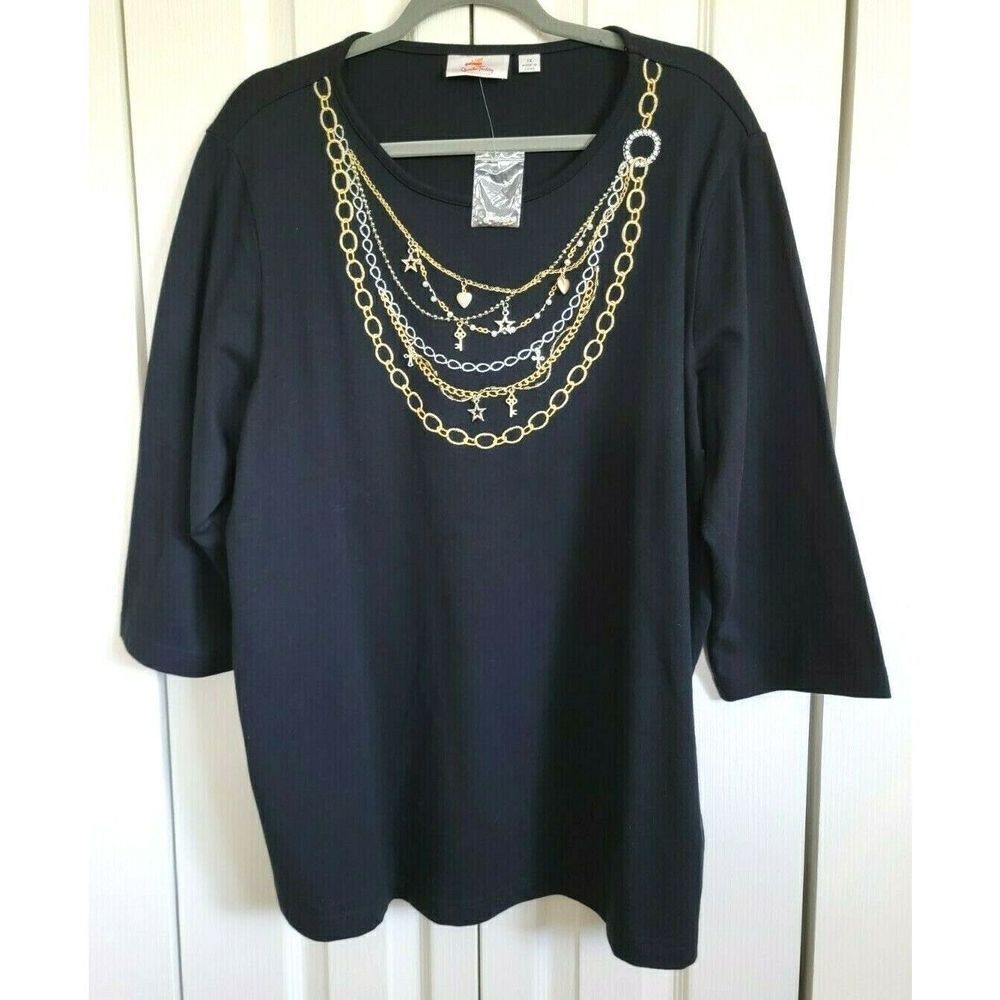 Quacker Factory 1X‎ Embroidered/Beaded 3/4 Sleeve T-Shirt Top Black NWOT